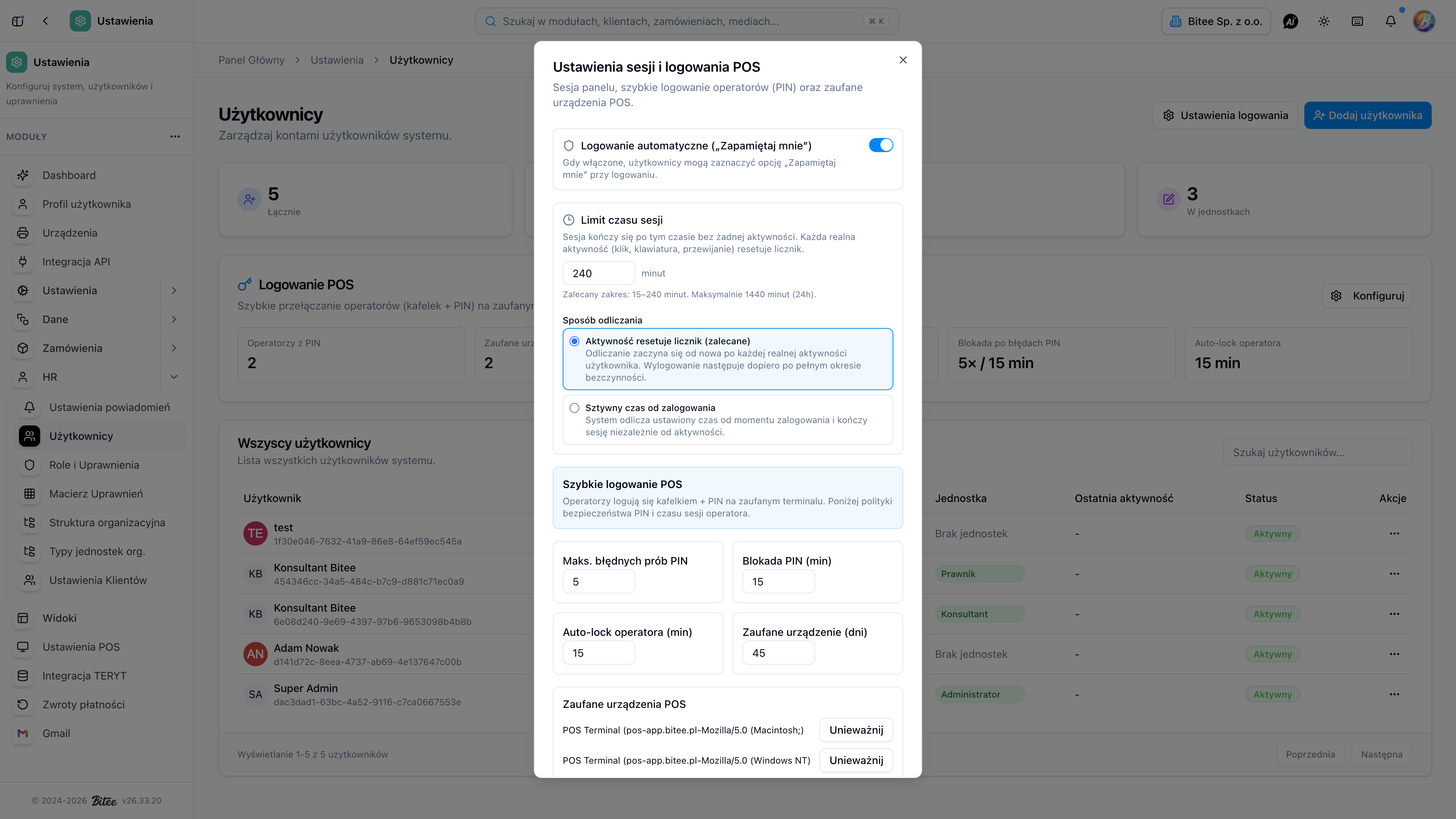 Ustawienia sesji i logowania POS — polityki PIN