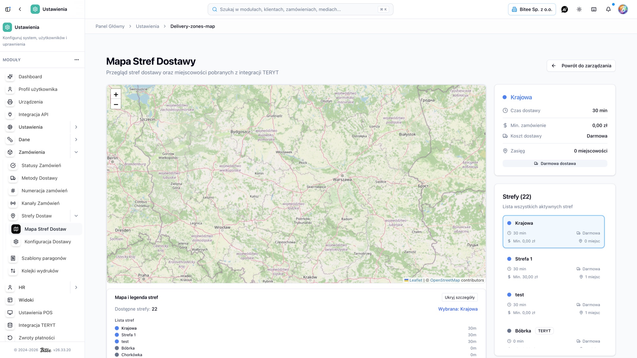 Mapa stref dostawy z listą stref, czasem dostawy, minimalnym zamówieniem i kosztem